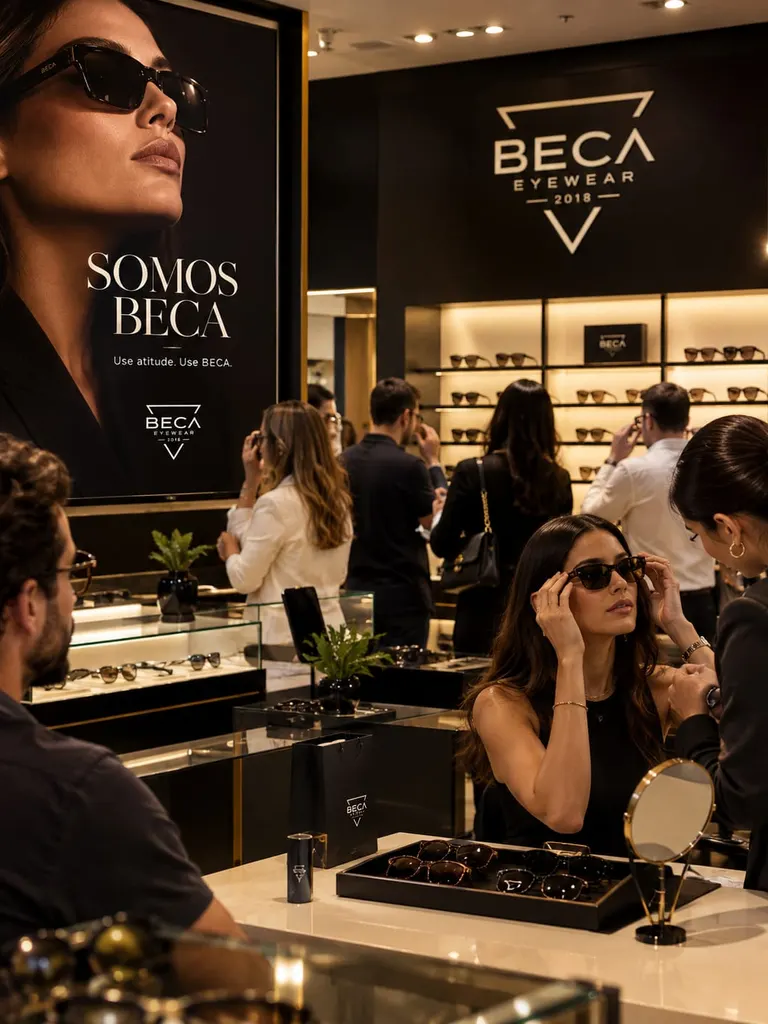 Loja com o cartaz Somos BECA e clientes provando óculos.