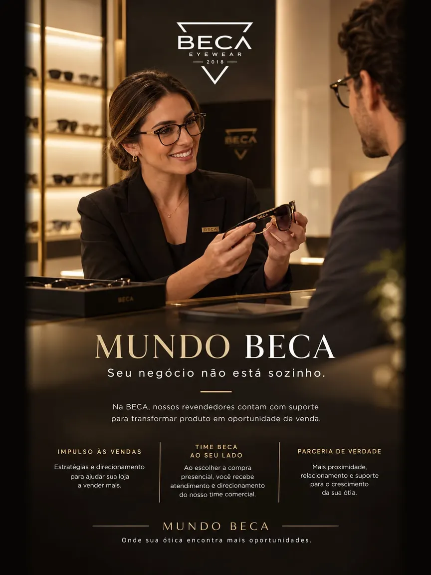 Mundo BECA. Seu negócio não está sozinho. Atendente da BECA mostra um óculos a um cliente em uma ótica.
